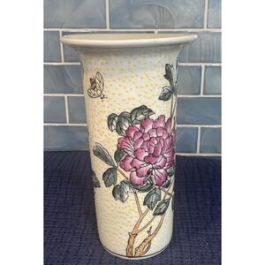 Vintage Hand Painted Flowers Bees Porcelain Ceramic Decor Vase Textured Embossed